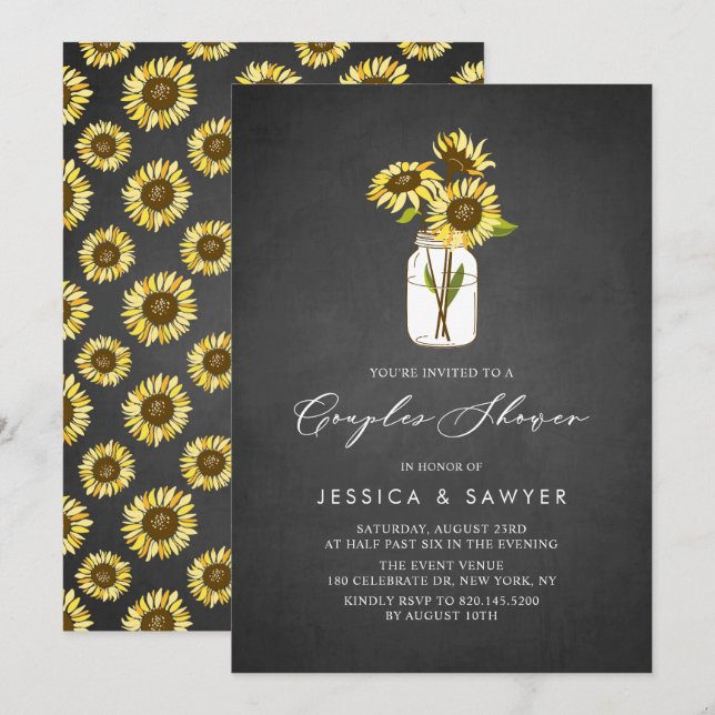 Invitación Sombrillas Rústicas Amarillas Mason Jar Parejas Du (Anverso / Reverso)