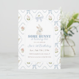Invitación Some Bunny Blue Floral Stripe Cumpleaños 1