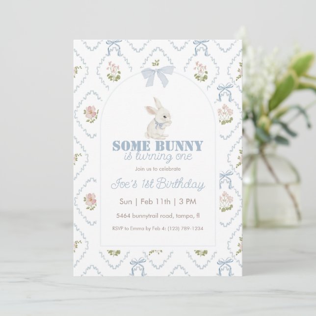 Invitación Some Bunny Blue Floral Stripe Cumpleaños 1 (Anverso de pie)