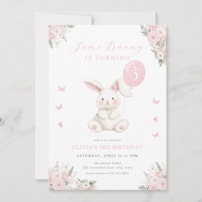 Invitación Some Bunny Floral Girl Pink Bunny Birthday (Anverso)
