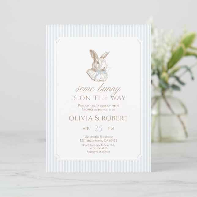 Invitación Some Bunny Is On The Way Blue Bow Baby Shower (Anverso de pie)