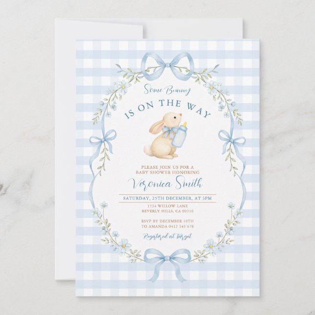Invitación Some Bunny Is On the Way with Blue Bows (Anverso)