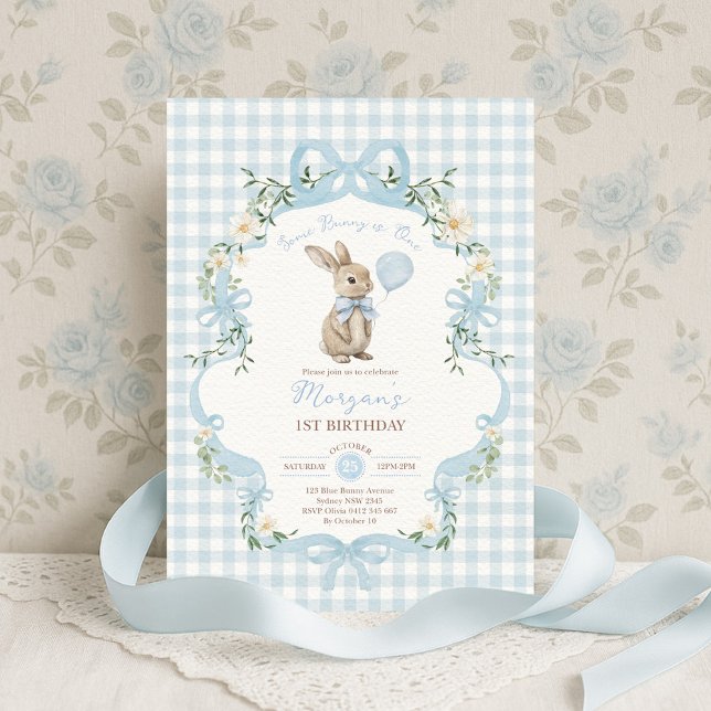Invitación Some Bunny is One Blue Bow Gingham 1st Birthday (Subido por el creador)