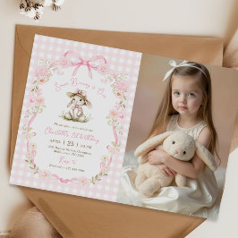 Invitación Some Bunny is One Bow Gingham 1st Birthday Photo