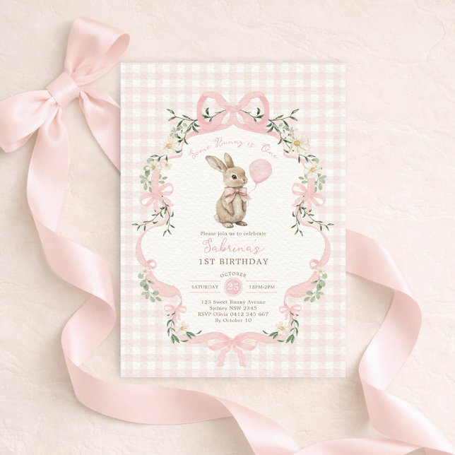 Invitación Some Bunny is One Pink Bow Gingham 1st Birthday (Subido por el creador)