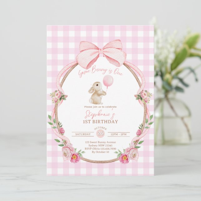 Invitación Some Bunny is One: Pink Bow Rabbit First Birthday  (Anverso de pie)