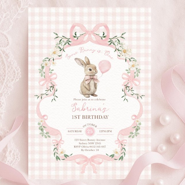 Invitación Some Bunny is One: Pink Bow Rabbit First Birthday  (Subido por el creador)