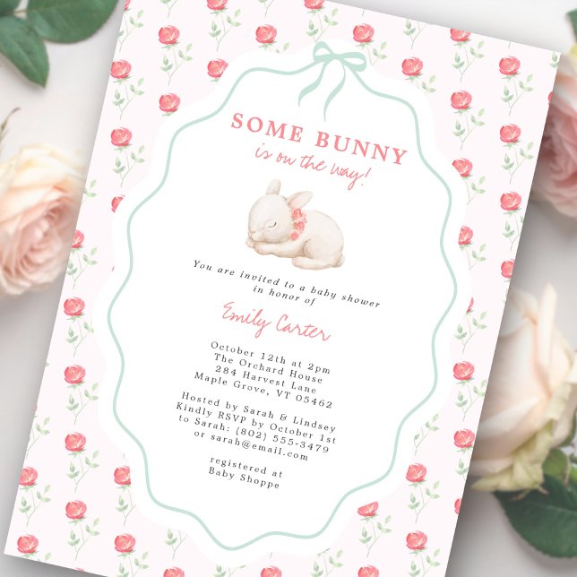 Invitación Some Bunny Watercolor Vintage Rose Pink (Sweet bunny + blush roses = timeless charm.)