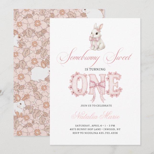 Invitación Somebunny Sweet 1st Birthday Spring Floral Invitat (Anverso / Reverso)