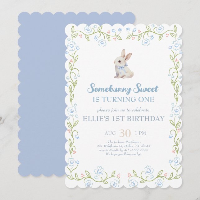 Invitación Somebunny Sweet Bunny 1st Birthday Spring Floral I (Anverso / Reverso)