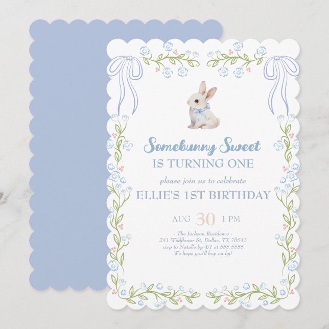 Invitación Somebunny Sweet Bunny 1st Birthday Spring Floral I (Anverso / Reverso)