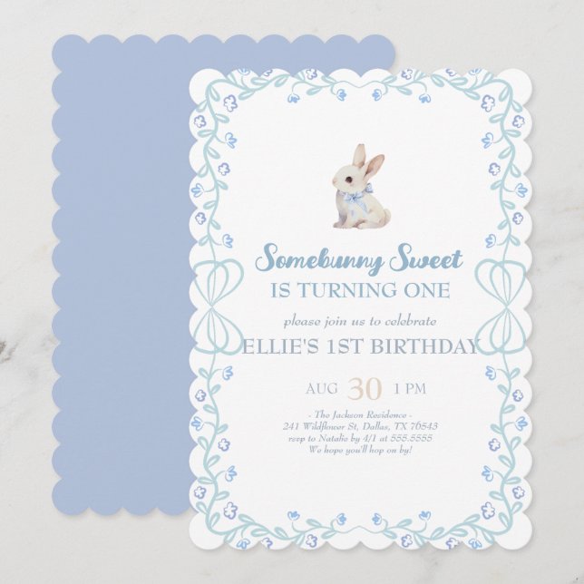 Invitación Somebunny Sweet Bunny 1st Birthday Spring Floral I (Anverso / Reverso)