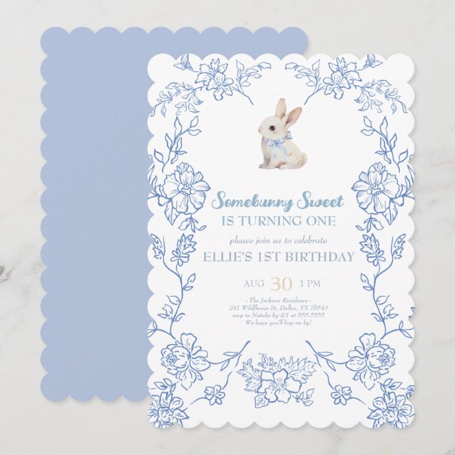 Invitación Somebunny Sweet Bunny 1st Birthday Spring Floral I (Anverso / Reverso)