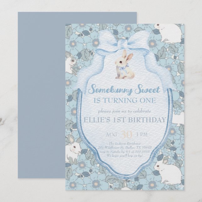 Invitación Somebunny Sweet Bunny 1st Birthday Spring Floral I (Anverso / Reverso)