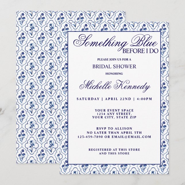 Invitación Something Blue Before I Do Floral Bridal Shower  (Anverso / Reverso)