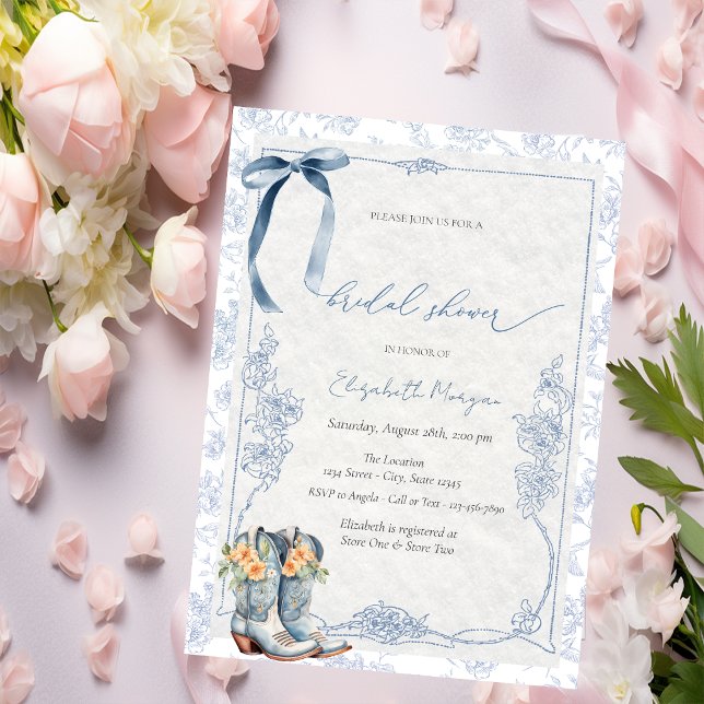 Invitación Something Blue Bow Cowboy Boots Floral (Subido por el creador)