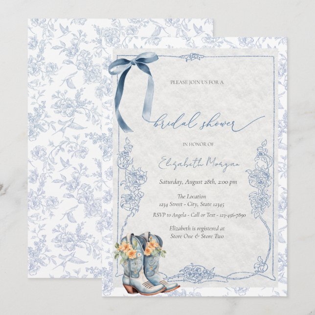 Invitación Something Blue Bow Cowboy Boots Floral (Anverso / Reverso)