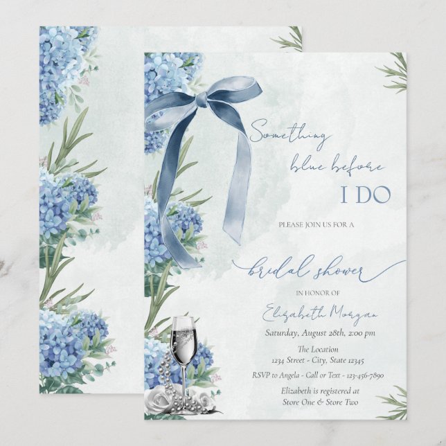 Invitación  Something Blue Bow Glass Pearls Hydrangea (Anverso / Reverso)