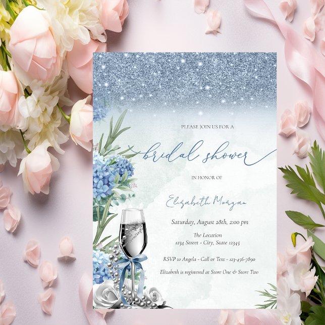 Invitación Something Blue Bow Glitter Champagne Hydrangea (Subido por el creador)