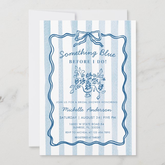 Invitación Something Blue Bow Stripe Bridal Shower Invitation (Anverso)
