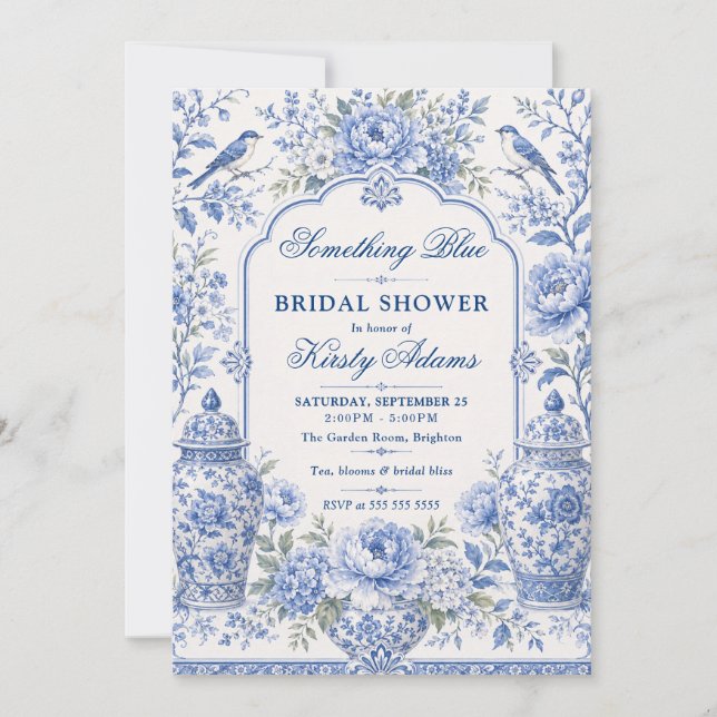 Invitación Something Blue Chinoiserie Despedida de Soltera (Anverso)