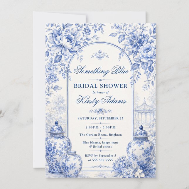 Invitación Something Blue Chinoiserie Despedida de Soltera (Anverso)