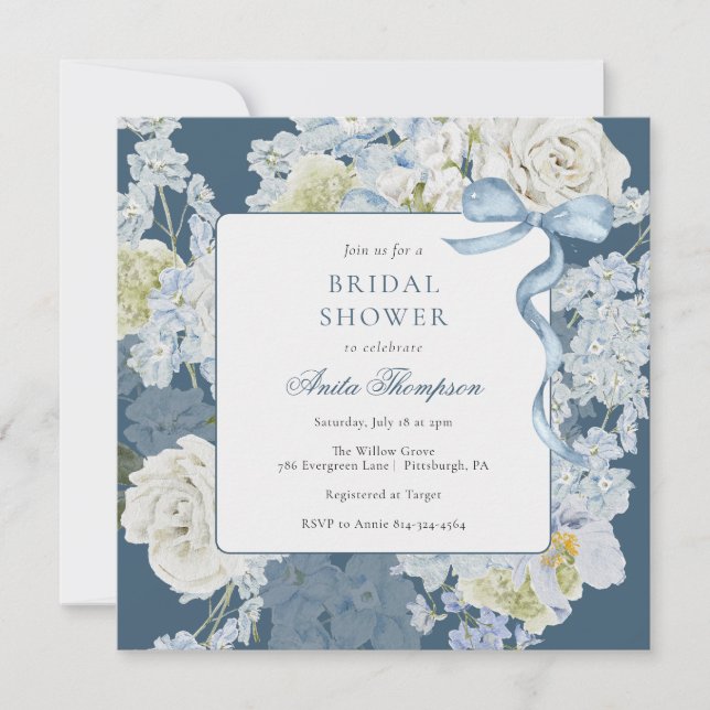 Invitación Something Blue Floral Bow Bridal Shower (Anverso)