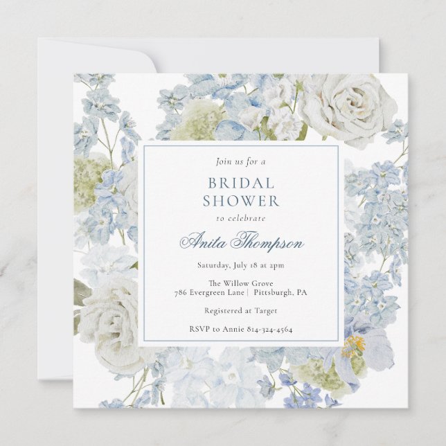 Invitación Something Blue Floral Ribbon Bridal Shower (Anverso)
