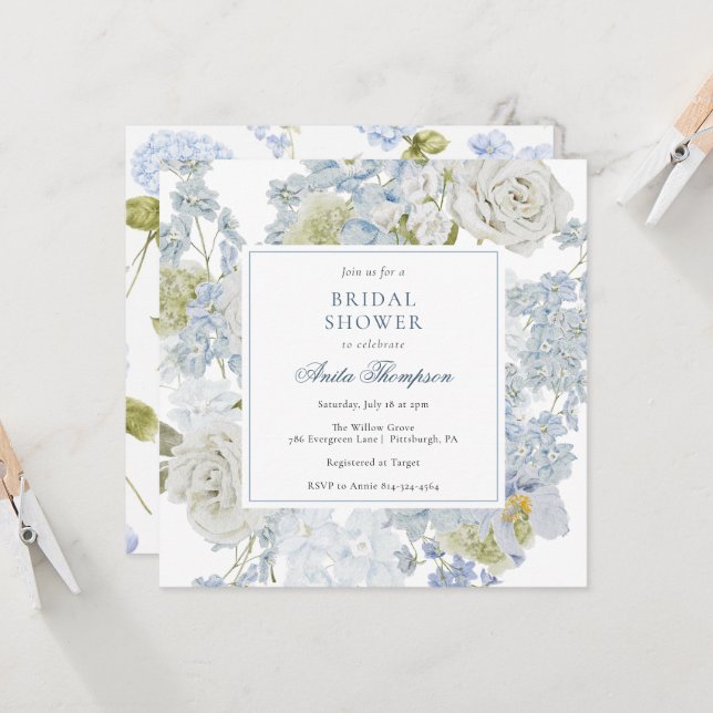 Invitación Something Blue Floral Ribbon Bridal Shower (Anverso/Reverso In Situ)
