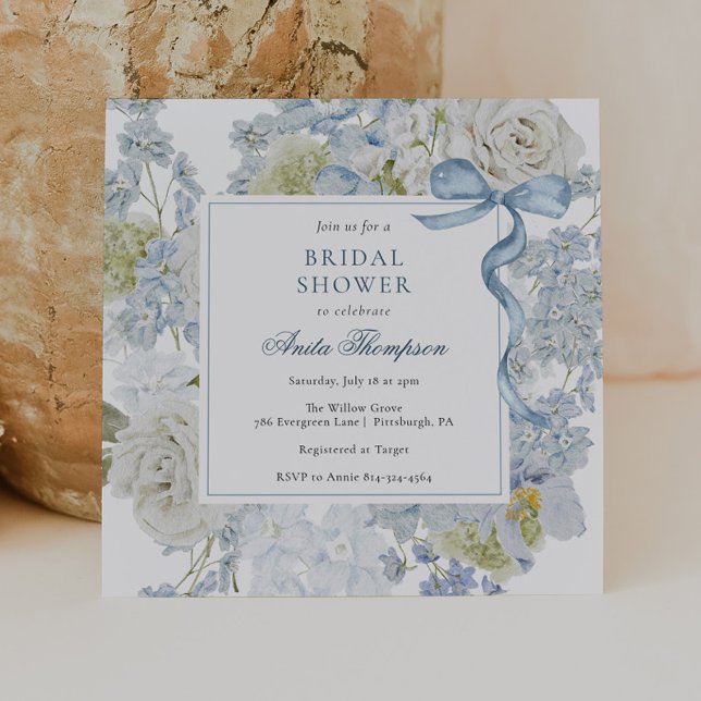 Invitación Something Blue Floral Ribbon Bridal Shower (Subido por el creador)