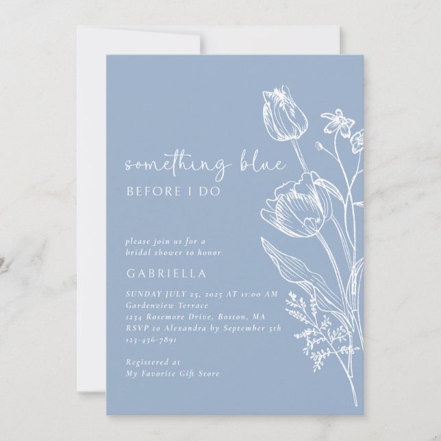 Invitación Something Blue Line Art Floral Bridal Shower (Anverso)