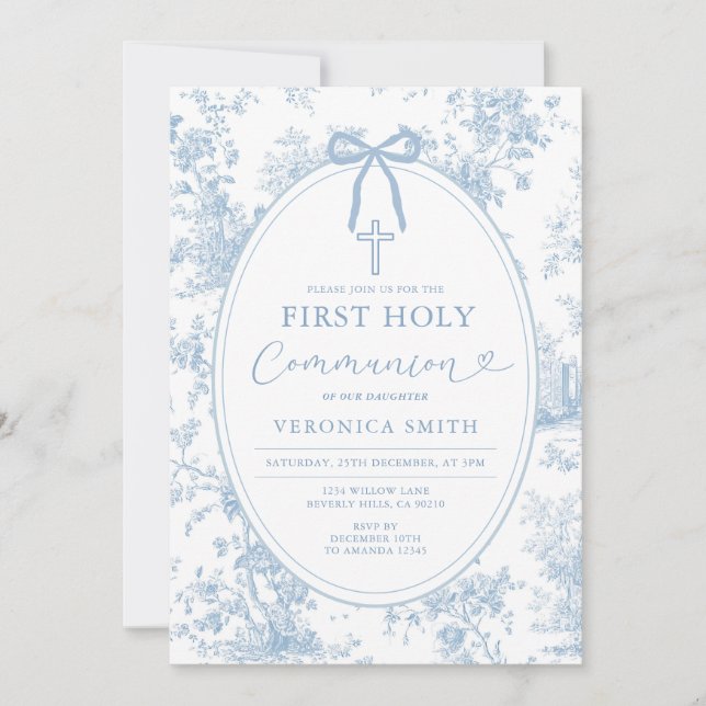 Invitación Something Blue Vintage Toile First Holy Communion (Anverso)