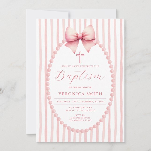 Invitación Something Pink Bow coquette Pearl Baptism Cross (Anverso)