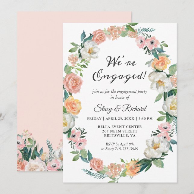 Invitación Somos Rosas comprometidos Floral Wreath Engagement (Anverso / Reverso)