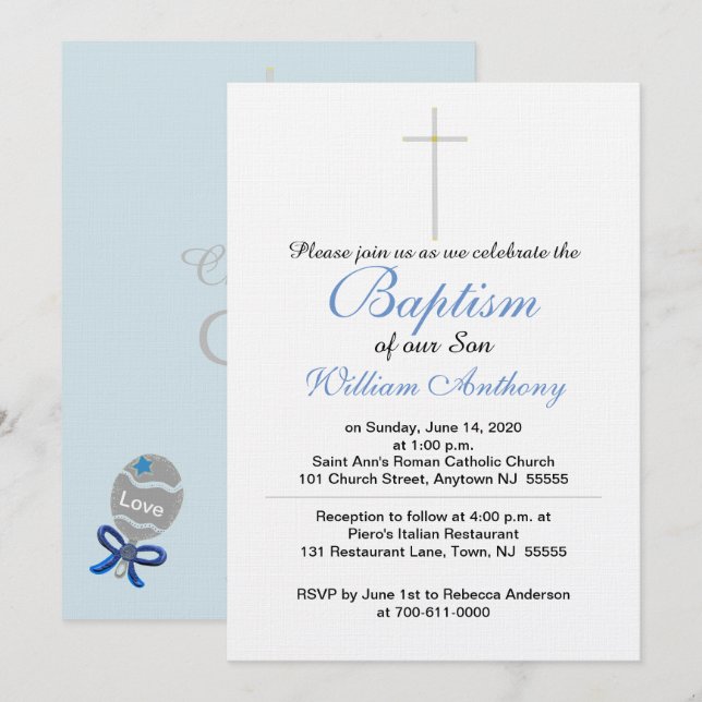 Invitación Son Bautismo Cruz Gris Azul (Anverso / Reverso)
