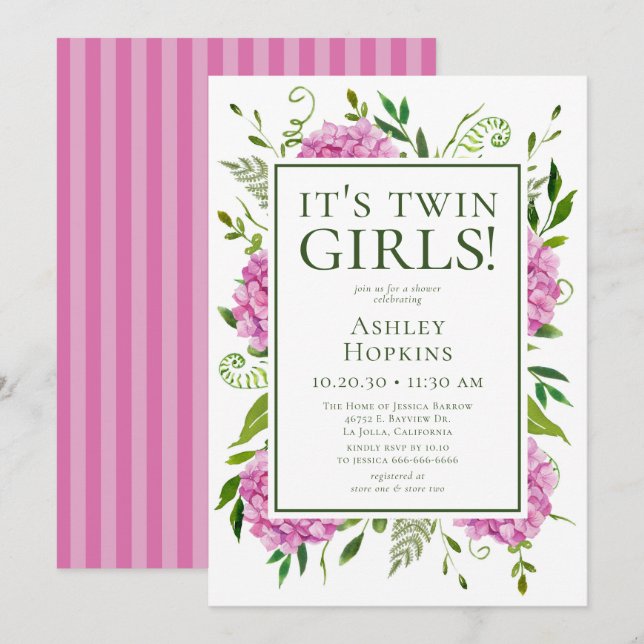 Invitación Son dos Chicas gemelos rosados Hydrangeas Baby Sho (Anverso / Reverso)