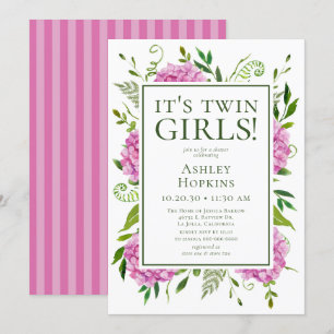 Invitación Son dos Chicas gemelos rosados Hydrangeas Baby Sho