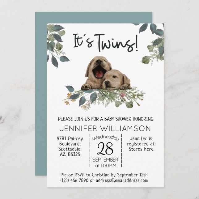 Invitación ¡Son gemelos! Baby Shower de perro (Anverso / Reverso)