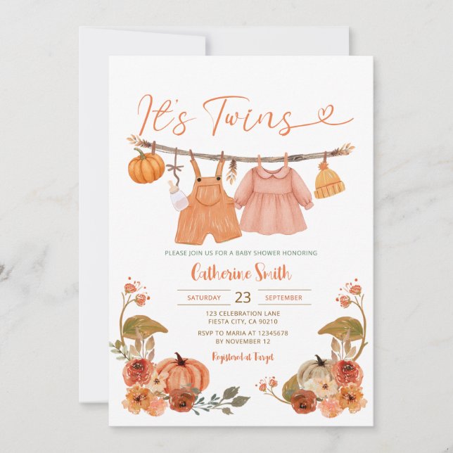 Invitación Son gemelos calabazas Baby Shower Clothesline Flor (Anverso)