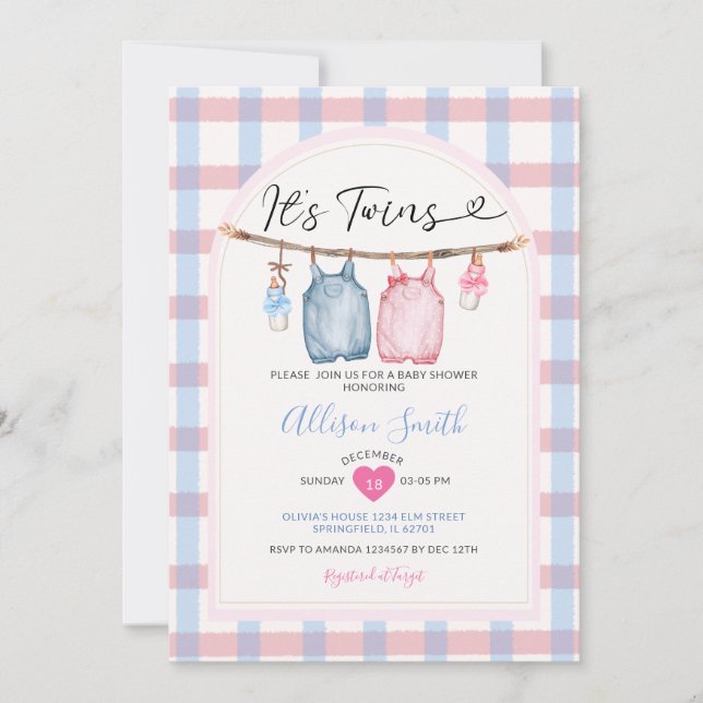 Invitación Son gemelos con ropa de vaca otoño Gingham Baby Sh (Anverso)