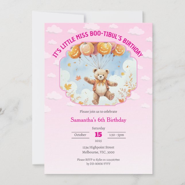 Invitación Son los Chicas rosados de cumpleaños de Miss Boo-t (Anverso)