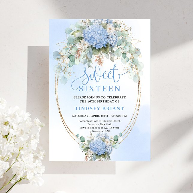 Invitación Soñador Boho Azul Hortensia Dorado Dulces Dieciséi (Dreamy Boho Blue Hydrangea Gold Sweet Sixteen)