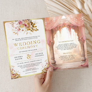 Invitación Soñador Mandap Floral Rosa Indio Boda Hindú