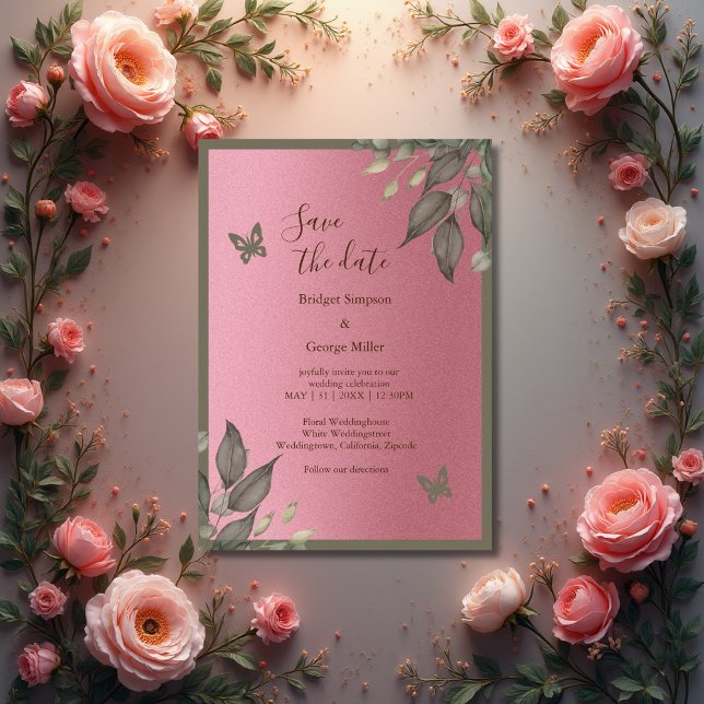 Invitación soñador purpurina rosa follaje boda a salvo la fec (Subido por el creador)