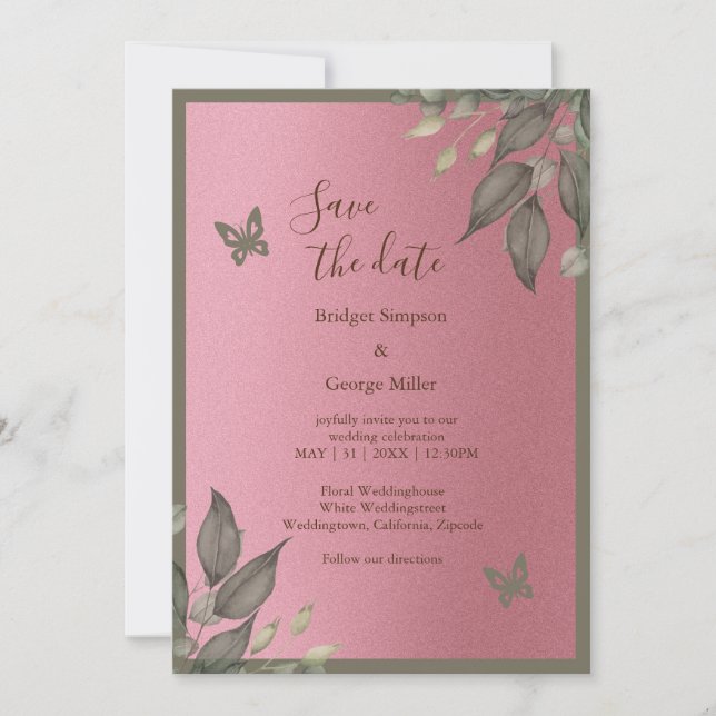 Invitación soñador purpurina rosa follaje boda a salvo la fec (Anverso)