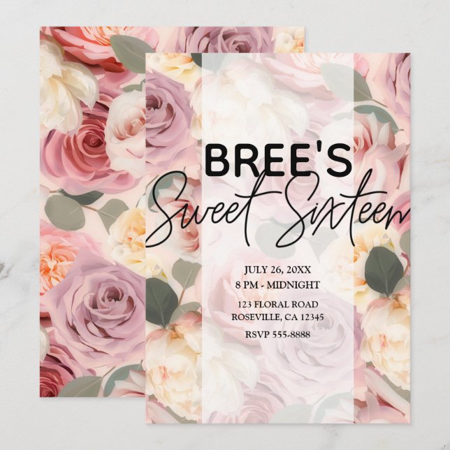 Invitación Soñador Rosa Floral Elegante Estilo Shabby Chic Du (Anverso / Reverso)