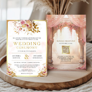 Invitación Soñador Rosa Floral Indio Mandap Hindu Boda