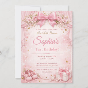Invitación Soñador y Brillante Floral Rosa Lazo 1er Cumpleaño