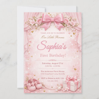 Invitación Soñador y Brillante Floral Rosa Lazo 1er Cumpleaño
