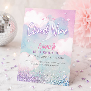 Invitación Soñadora Femenina En La Nube Nueve 9 Cumpleaños 